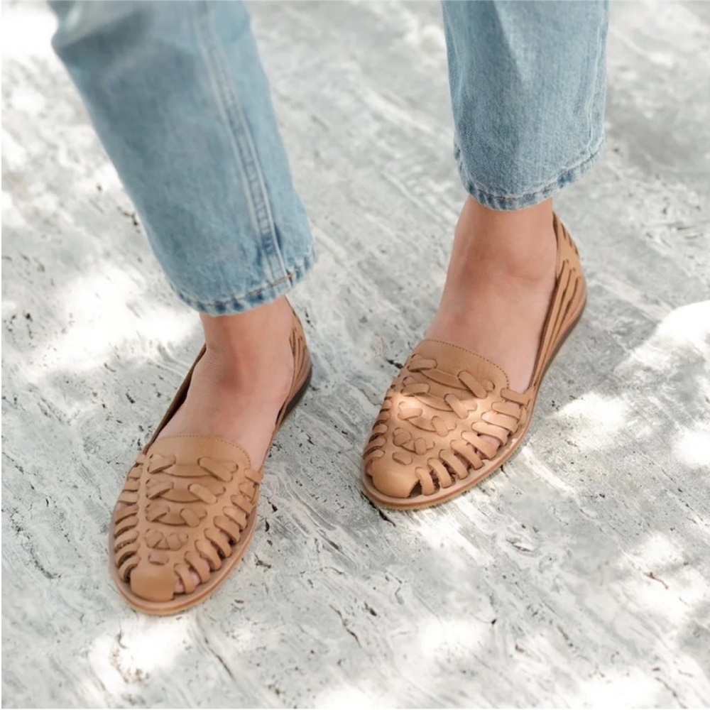 Anthropologie Tan Leather Woven Huarache Flats